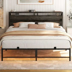 Bed Frame with headboard, Metal Platform Bed with LED Lights and Charging Station