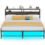 Bed Frame with headboard, Metal Platform Bed with LED Lights and Charging Station