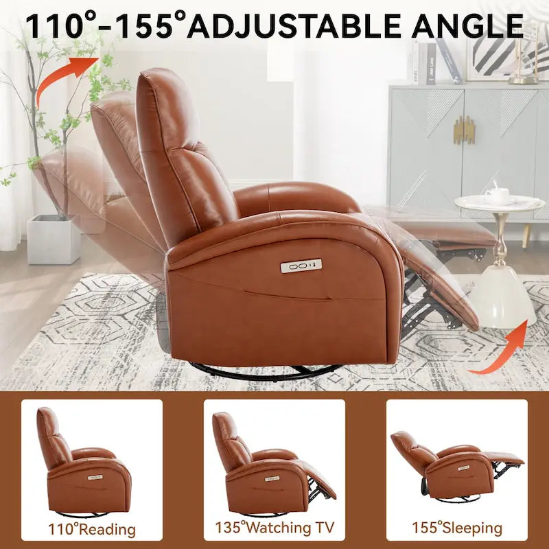 Blue Genuine Leather Power Recliner with Swivel & USB Charging