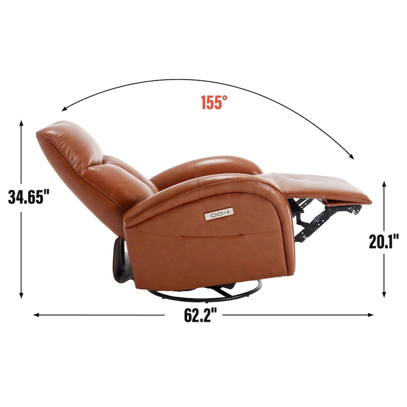 Blue Genuine Leather Power Recliner with Swivel & USB Charging
