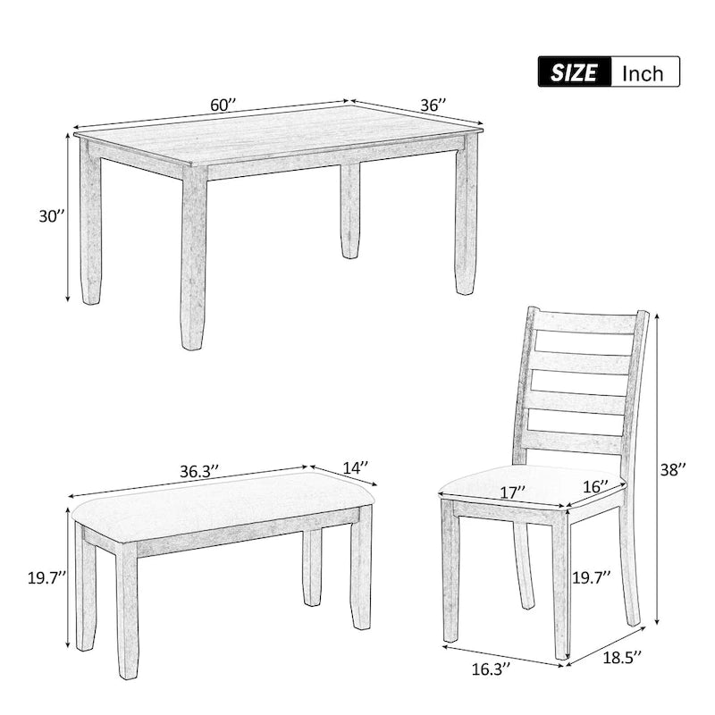 Brown+Whitewash 6-Piece Wooden Dining Table Set with Rectangular Table, 4 Chairs & Bench