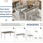 Brown+Whitewash 6-Piece Wooden Dining Table Set with Rectangular Table, 4 Chairs & Bench