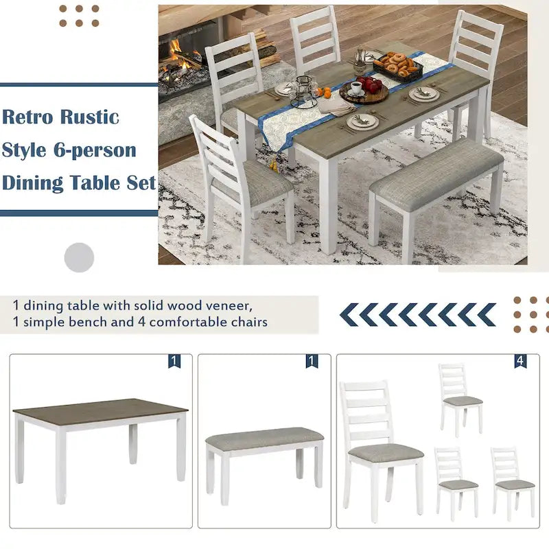 Brown+Whitewash 6-Piece Wooden Dining Table Set with Rectangular Table, 4 Chairs & Bench
