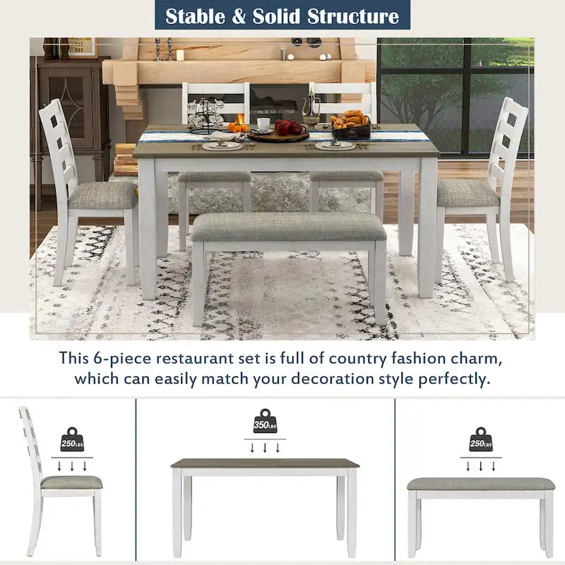 Brown+Whitewash 6-Piece Wooden Dining Table Set with Rectangular Table, 4 Chairs & Bench