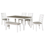 Brown+Whitewash 6-Piece Wooden Dining Table Set with Rectangular Table, 4 Chairs & Bench