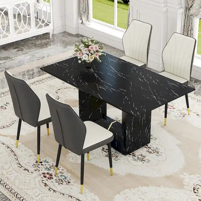 Black Marble Pattern Dining Set - 5 Piece with 4 PU Chairs (63")