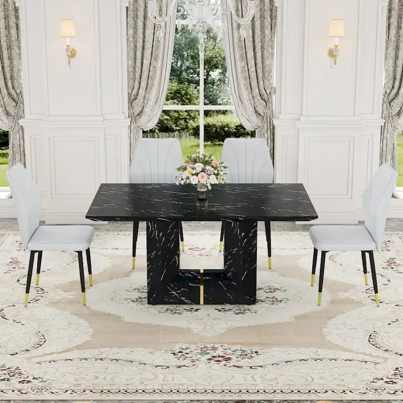 Black Marble Pattern Dining Set - 5 Piece with 4 PU Chairs (63")