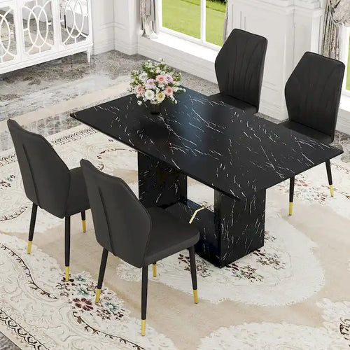 Black Marble Pattern Dining Set - 5 Piece with 4 PU Chairs (63")