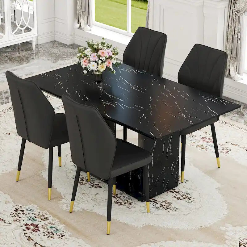 Black Marble Pattern Dining Set - 5 Piece with 4 PU Chairs (63")
