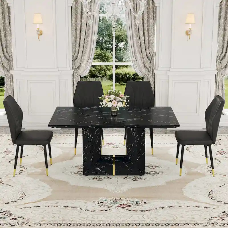 Black Marble Pattern Dining Set - 5 Piece with 4 PU Chairs (63")