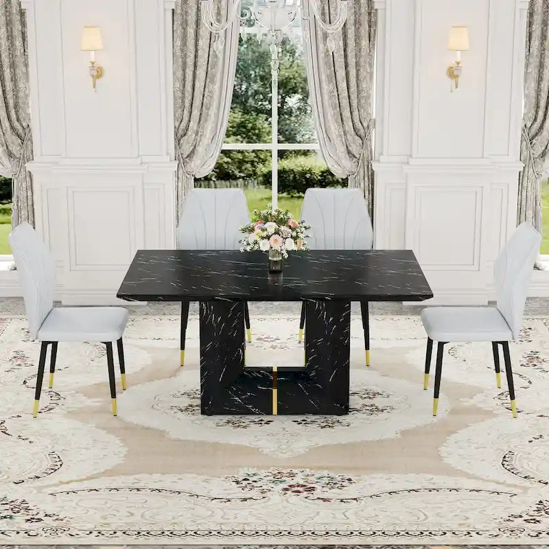 Black Marble Pattern Dining Set - 5 Piece with 4 PU Chairs (63")