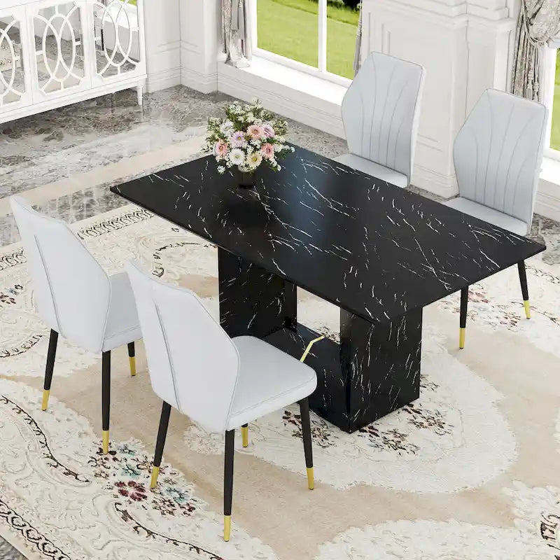 Black Marble Pattern Dining Set - 5 Piece with 4 PU Chairs (63")
