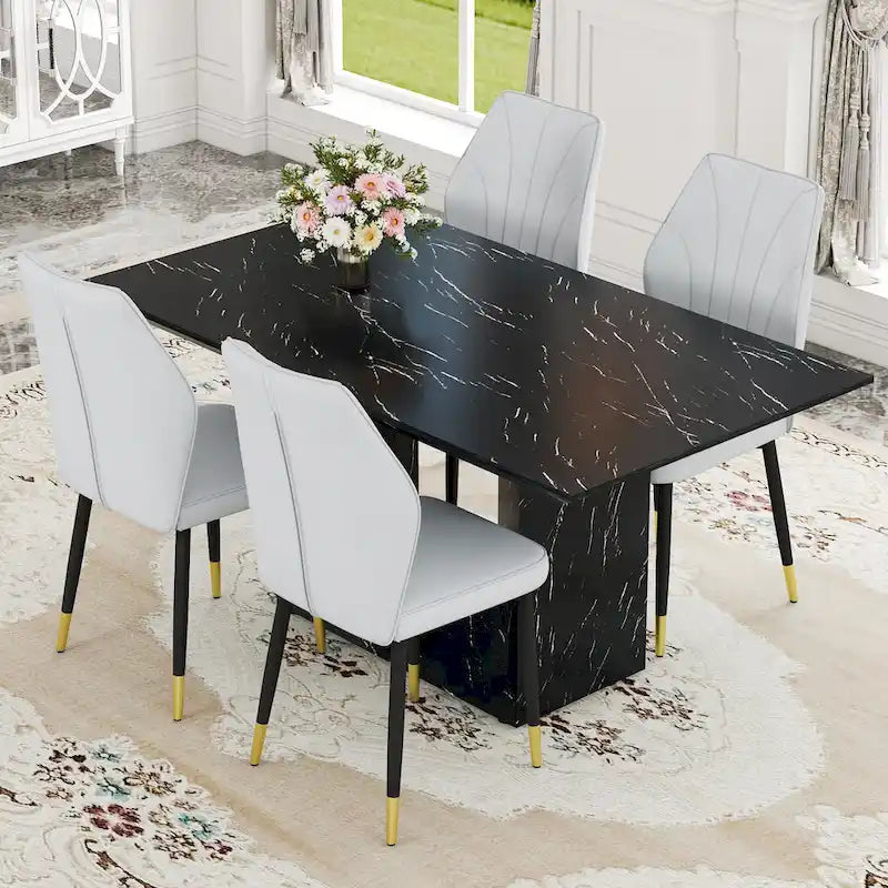 Black Marble Pattern Dining Set - 5 Piece with 4 PU Chairs (63")