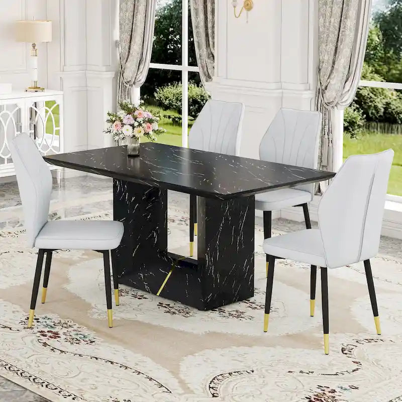Black Marble Pattern Dining Set - 5 Piece with 4 PU Chairs (63")