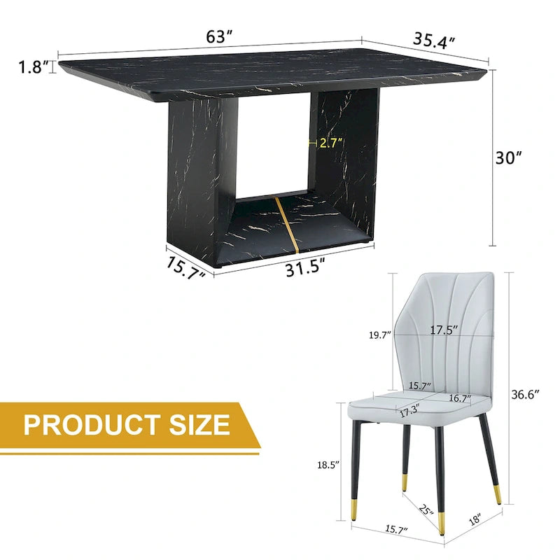 Black Marble Pattern Dining Set - 5 Piece with 4 PU Chairs (63")