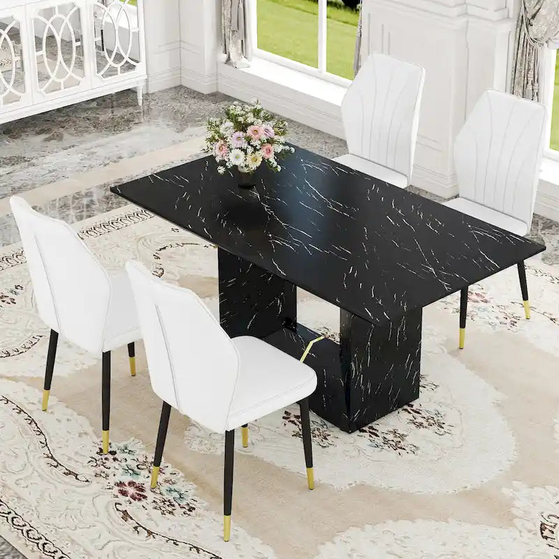 Black Marble Pattern Dining Set - 5 Piece with 4 PU Chairs (63")