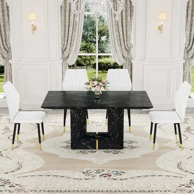 Black Marble Pattern Dining Set - 5 Piece with 4 PU Chairs (63")