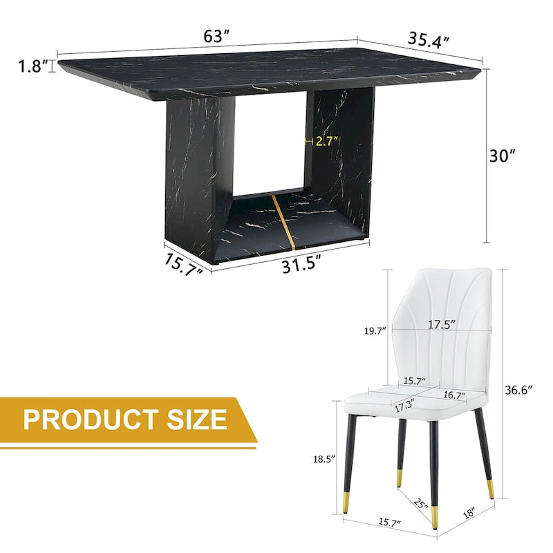 Black Marble Pattern Dining Set - 5 Piece with 4 PU Chairs (63")