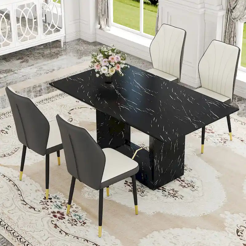 Black Marble Pattern Dining Set - 5 Piece with 4 PU Chairs (63")