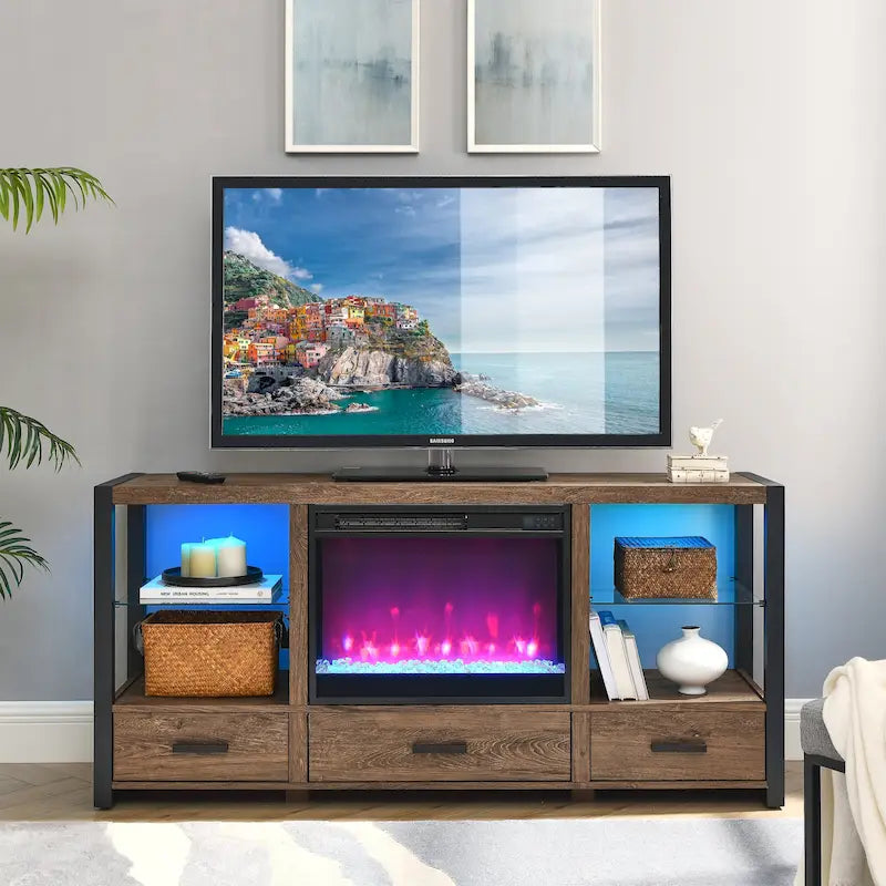 60 Inch Electric Fireplace Media Tv Stand With Sync Colorful Led Lights-Dark Rustic Oak Color