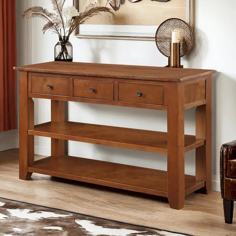 48 Solid Pine Wood Top Console Table, Modern Entryway Sofa Side Table with 3 Storage Drawers and 2 Shelves. Easy to Assemble