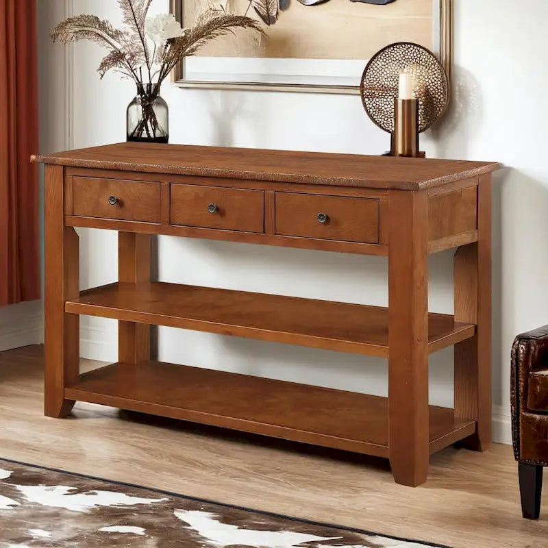48 Solid Pine Wood Top Console Table, Modern Entryway Sofa Side Table with 3 Storage Drawers and 2 Shelves. Easy to Assemble