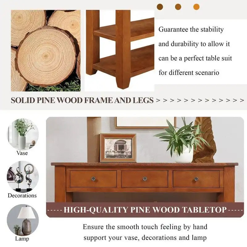 48 Solid Pine Wood Top Console Table, Modern Entryway Sofa Side Table with 3 Storage Drawers and 2 Shelves. Easy to Assemble