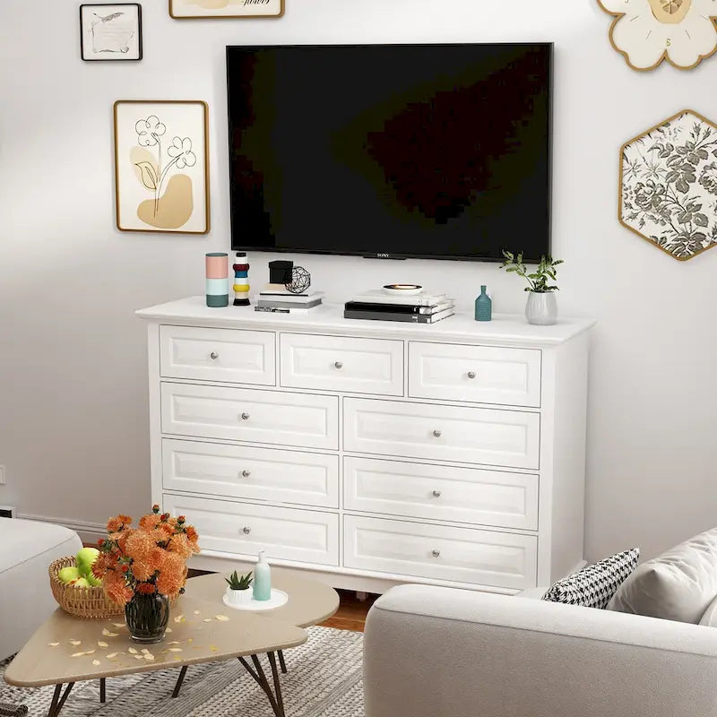9-Drawer Dresser with Solid Wood Legs Chest Of Drawers Lacquer Console