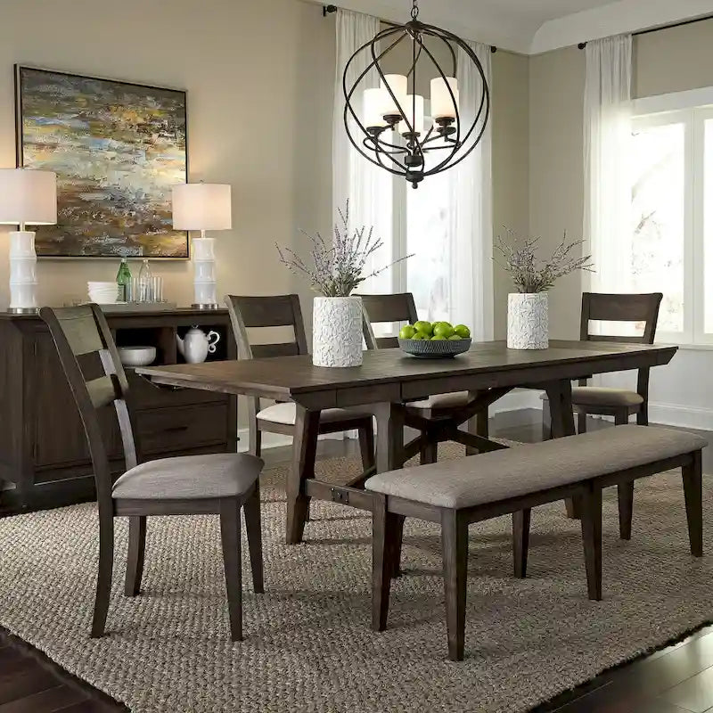 Double Bridge Dark Chestnut Trestle Table Set