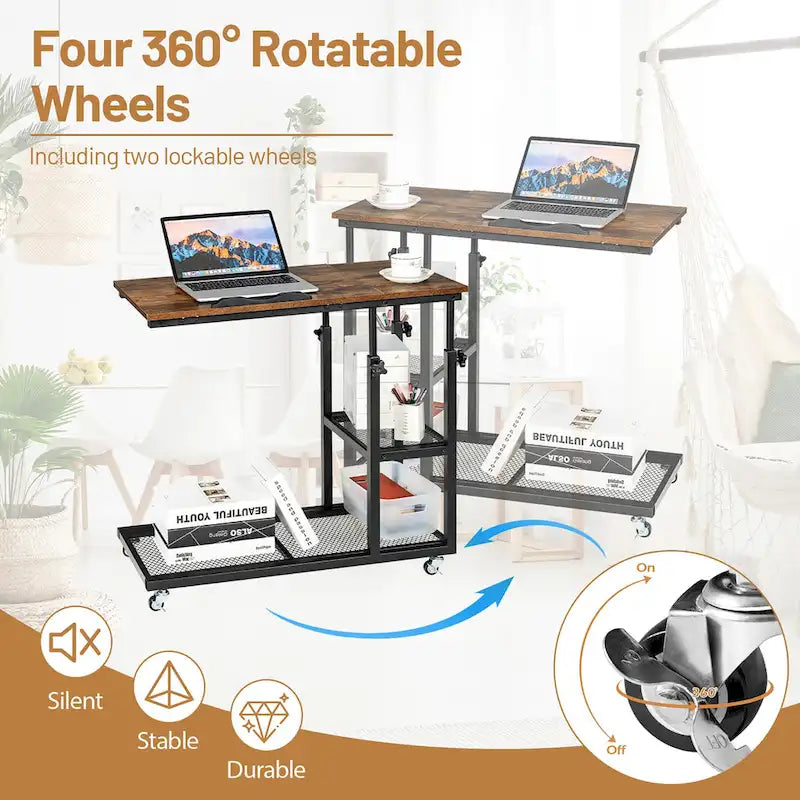 C Shaped End Table Height Adjustable Mobile Couch Desk with Wheels