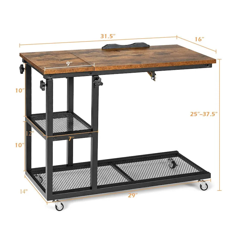 C Shaped End Table Height Adjustable Mobile Couch Desk with Wheels