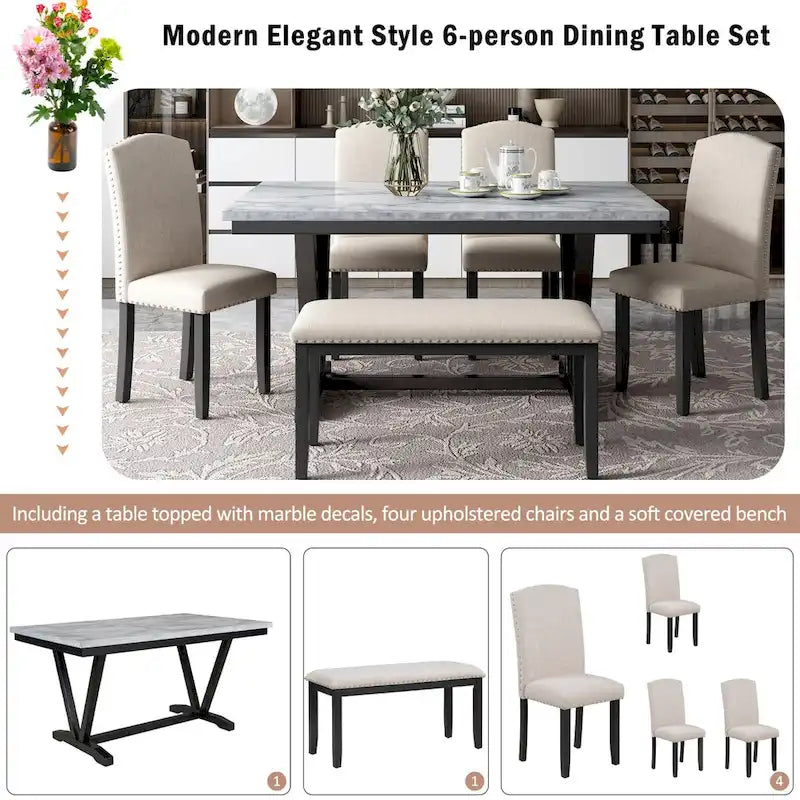 6PCS Marbled Veneers Tabletop Dining Table Set