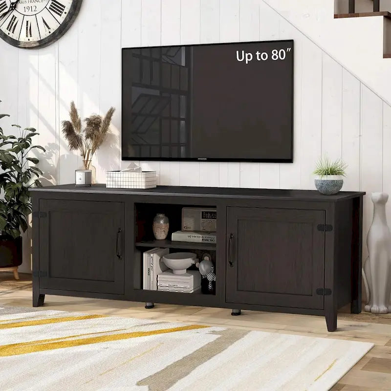 70 inch Modern TV Cabinet with Shelves, Media Entertainment Center with Doors-Black - M
