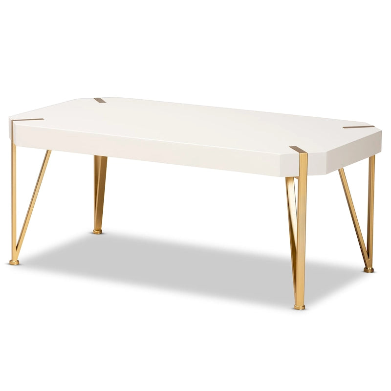 White & Gold Coffee Table - Rectangular with Angled Metal Legs (43.5")