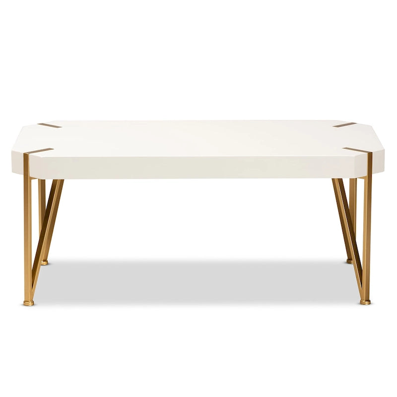 White & Gold Coffee Table - Rectangular with Angled Metal Legs (43.5")