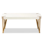 White & Gold Coffee Table - Rectangular with Angled Metal Legs (43.5")