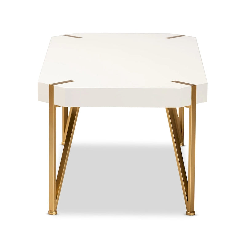 White & Gold Coffee Table - Rectangular with Angled Metal Legs (43.5")