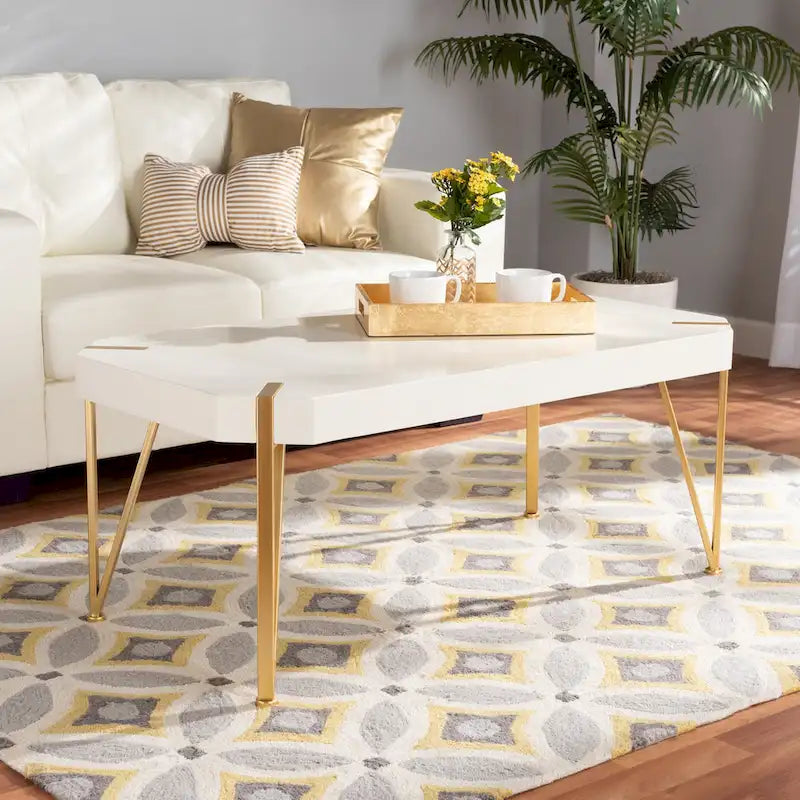 White & Gold Coffee Table - Rectangular with Angled Metal Legs (43.5")