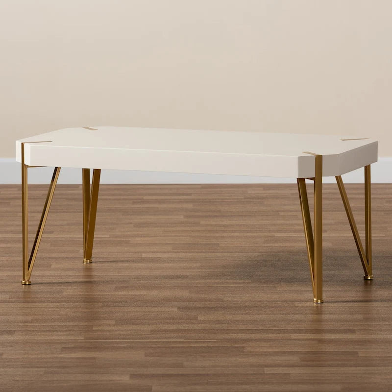 White & Gold Coffee Table - Rectangular with Angled Metal Legs (43.5")