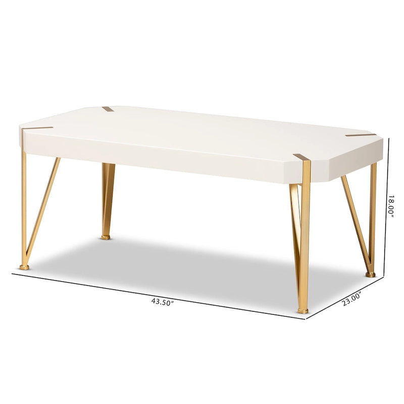 White & Gold Coffee Table - Rectangular with Angled Metal Legs (43.5")
