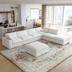 160 in. Free Combination Overstuffed Down Filled Comfort Linen U-shape 6-Seat Sofa Modular Sectional with Ottoman