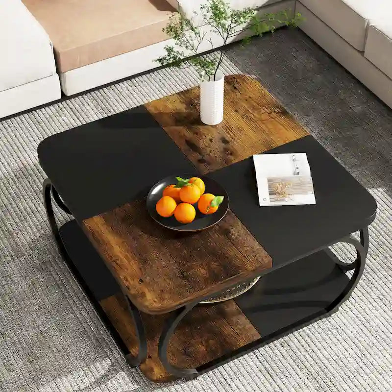Square 2-Tier Coffee Table with Storage Shelf, 39 inches Low Farmhouse Wood Coffee Table for Modern Living Room