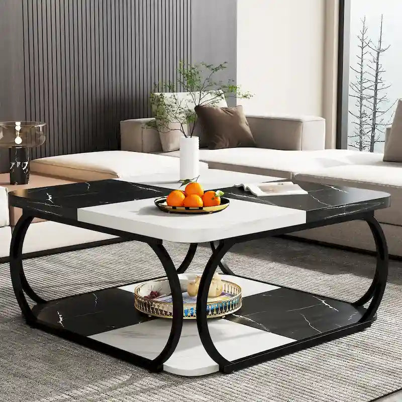 Square 2-Tier Coffee Table with Storage Shelf, 39 inches Low Farmhouse Wood Coffee Table for Modern Living Room