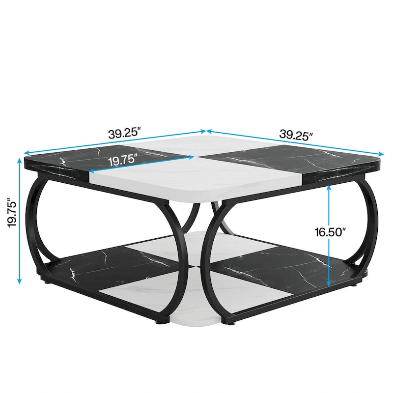 Square 2-Tier Coffee Table with Storage Shelf, 39 inches Low Farmhouse Wood Coffee Table for Modern Living Room