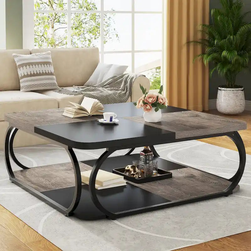 Square 2-Tier Coffee Table with Storage Shelf, 39 inches Low Farmhouse Wood Coffee Table for Modern Living Room