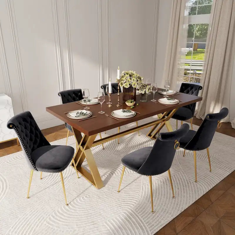 7-Piece Clihome Walut Wood Dining Table with Velvet Chair Dining Chair