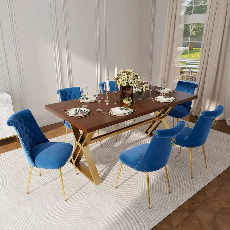 7-Piece Clihome Walut Wood Dining Table with Velvet Chair Dining Chair