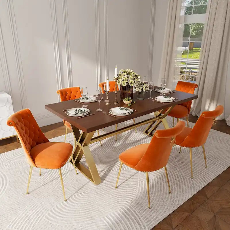 7-Piece Clihome Walut Wood Dining Table with Velvet Chair Dining Chair