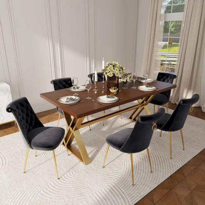 7-Piece Clihome Walut Wood Dining Table with Velvet Chair Dining Chair