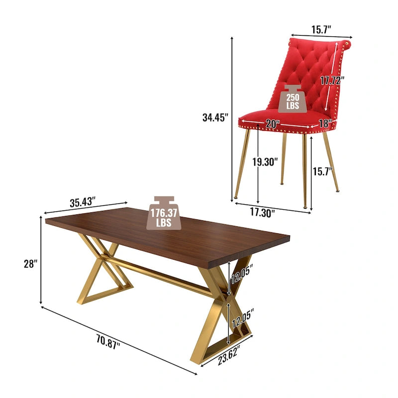 7-Piece Clihome Walut Wood Dining Table with Velvet Chair Dining Chair